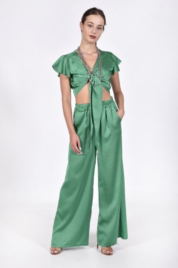 Σετ σατινέ crop top και παντελόνα