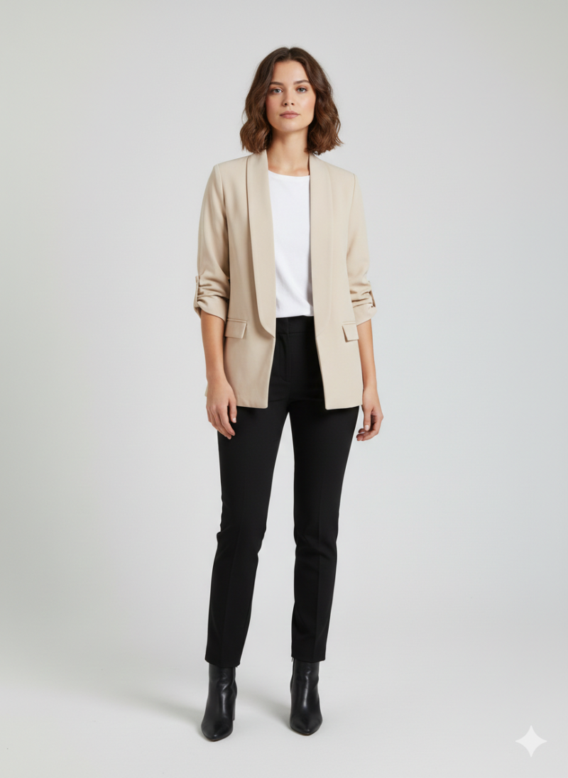 Φωτογραφία από " Beige Ruched-Sleeve Open" σακάκι